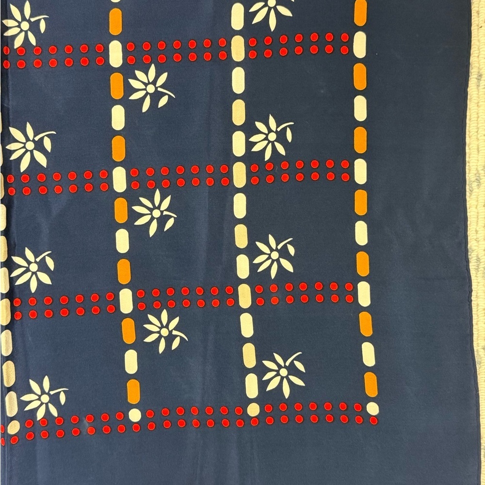 CHRISTIAN DIOR Vintage Y2K 70’s 100% Silk Navy/Multicolor Geometric Floral Scarf - Picture 5 of 11
